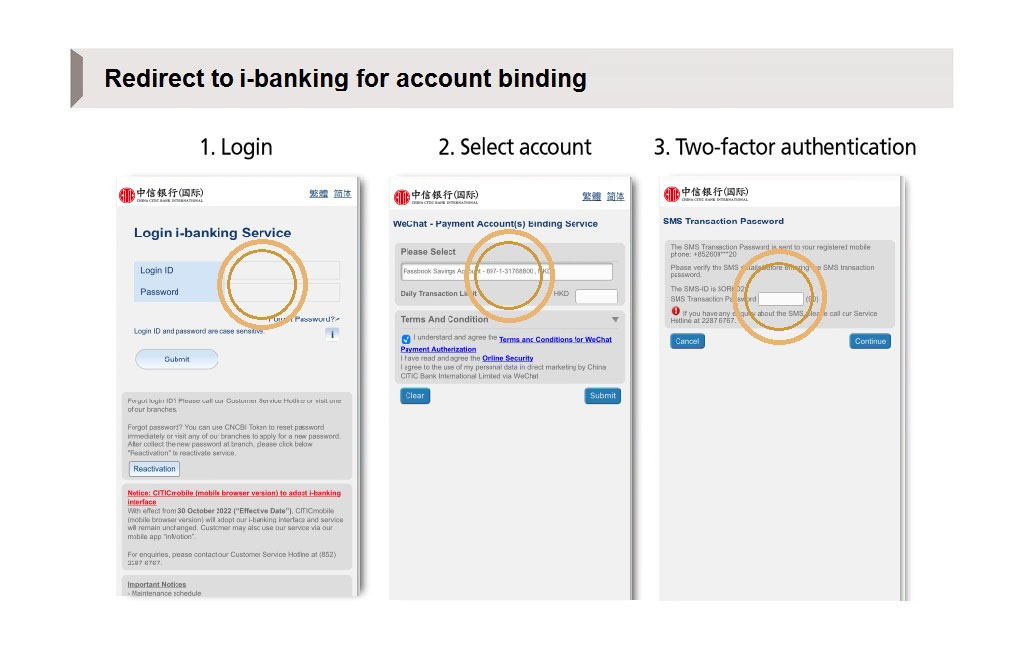 Redirect to CITICmobile automaticlly for account binding 1. Login 2. Select account 3. Two-factor authentication